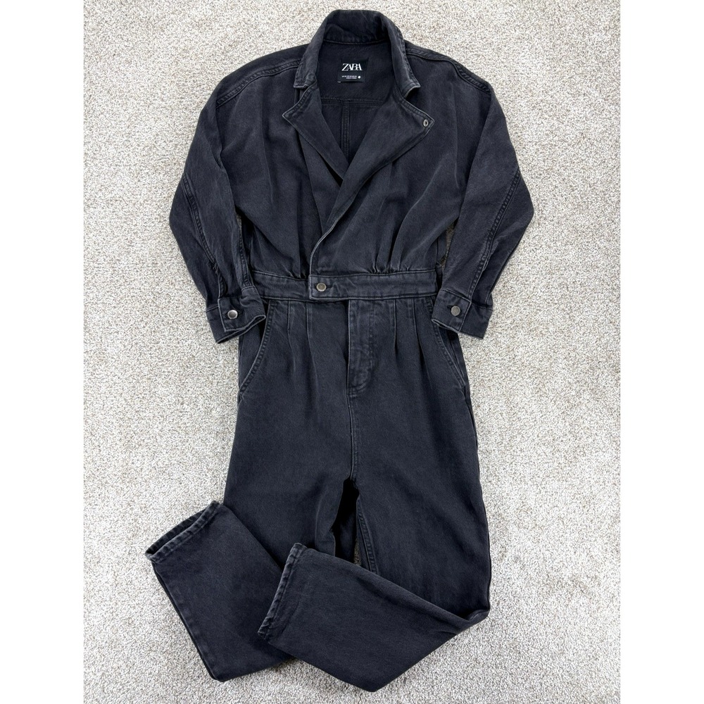 Zara The Olivia Jumpsuit Women's XS Black Denim Long Sleeve Wrap Front Coveralls